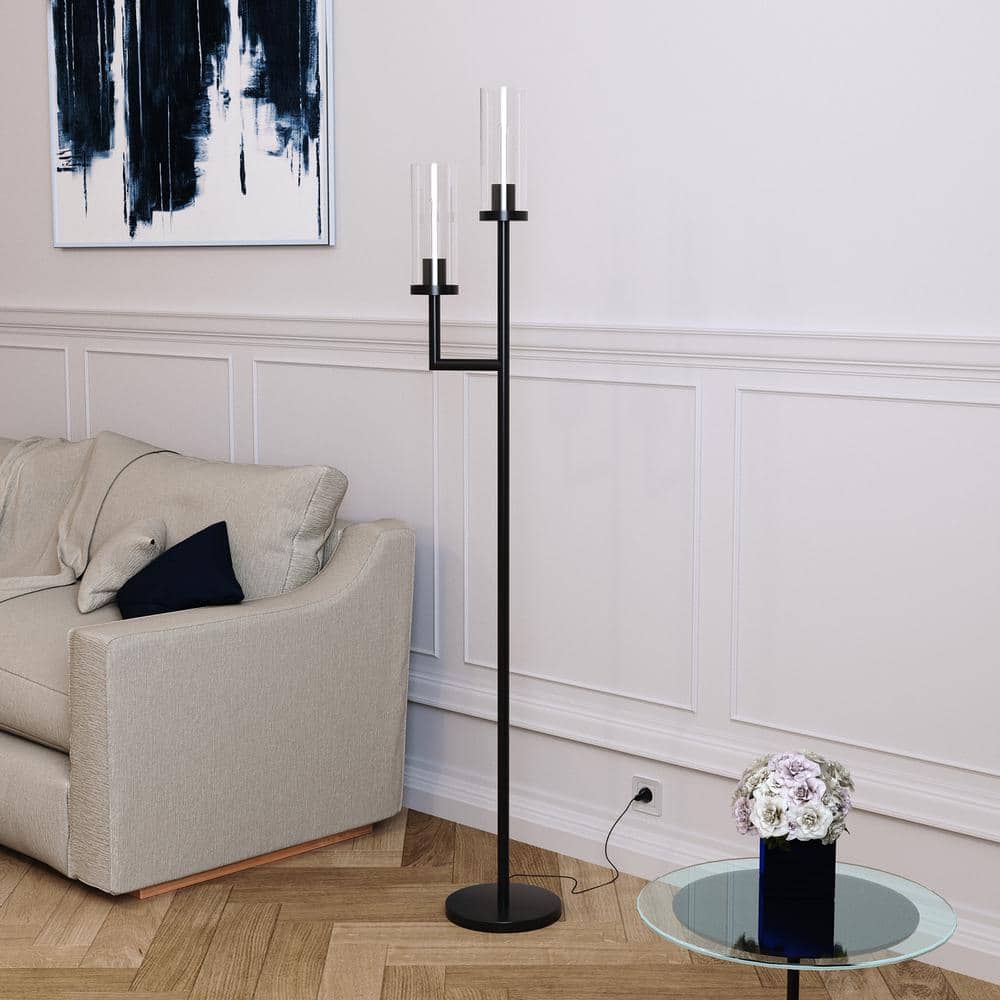 Basso Brushed Bronze Torchiere Floor Lamp with Clear Glass Shade