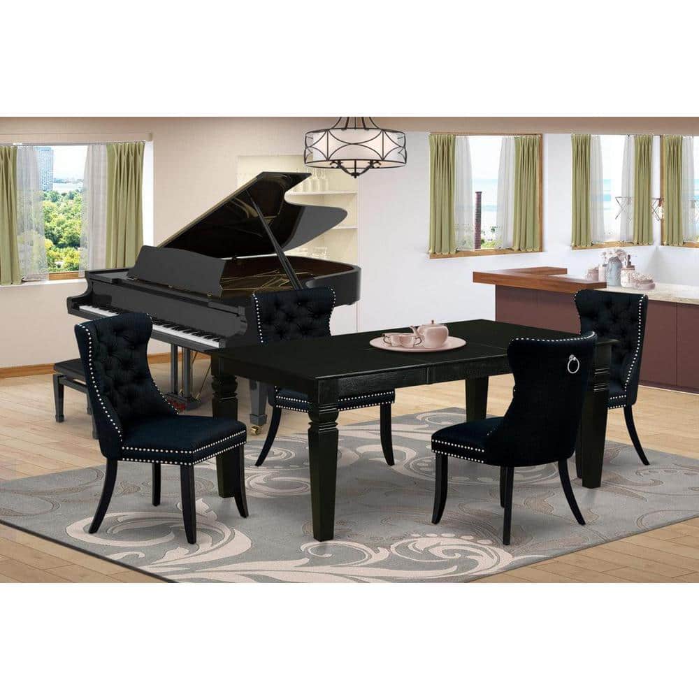 5-Piece Rectangle Black Finish Solid Wood Top Dining Table with 4 Upholstered Chairs with Butterfly Leaf Lattice Back