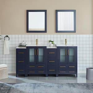 Brescia 72 in. W x 18.1 in. D x 35.8 in. H Double Basin Bathroom Vanity in Blue with Top in White Ceramic and Mirror