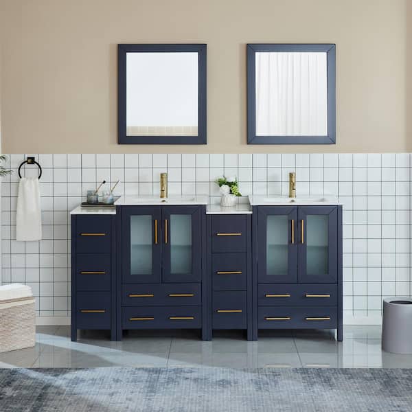 Vanity Art Brescia 72 in. W x 18.1 in. D x 35.8 in. H Double Basin Bathroom Vanity in Blue with Top in White Ceramic and Mirror