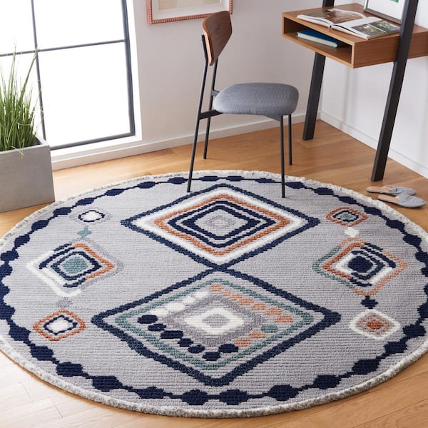Marrakesh Gray/Blue Rust 7 ft. x 7 ft. Round Geometric Striped Area Rug