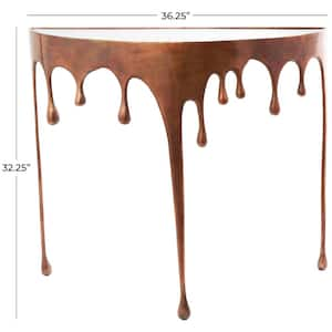 36 in. x 33 in. Copper Half Moon Aluminum Drip Console Table with Melting Designed Legs and Shaded Glass Top