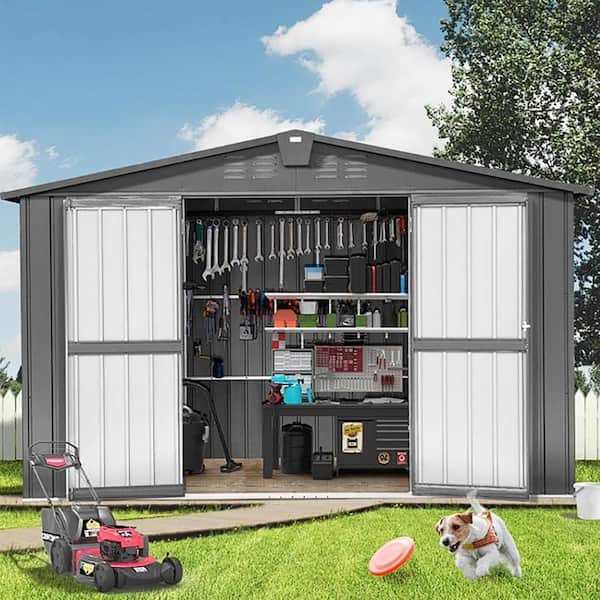 Unbranded 10 ft. W x 8 ft. D Outdoor Metal Storage Shed with Double Lockable Door, for Bike, Trash Can, Tools, Black (80 sq. ft.)