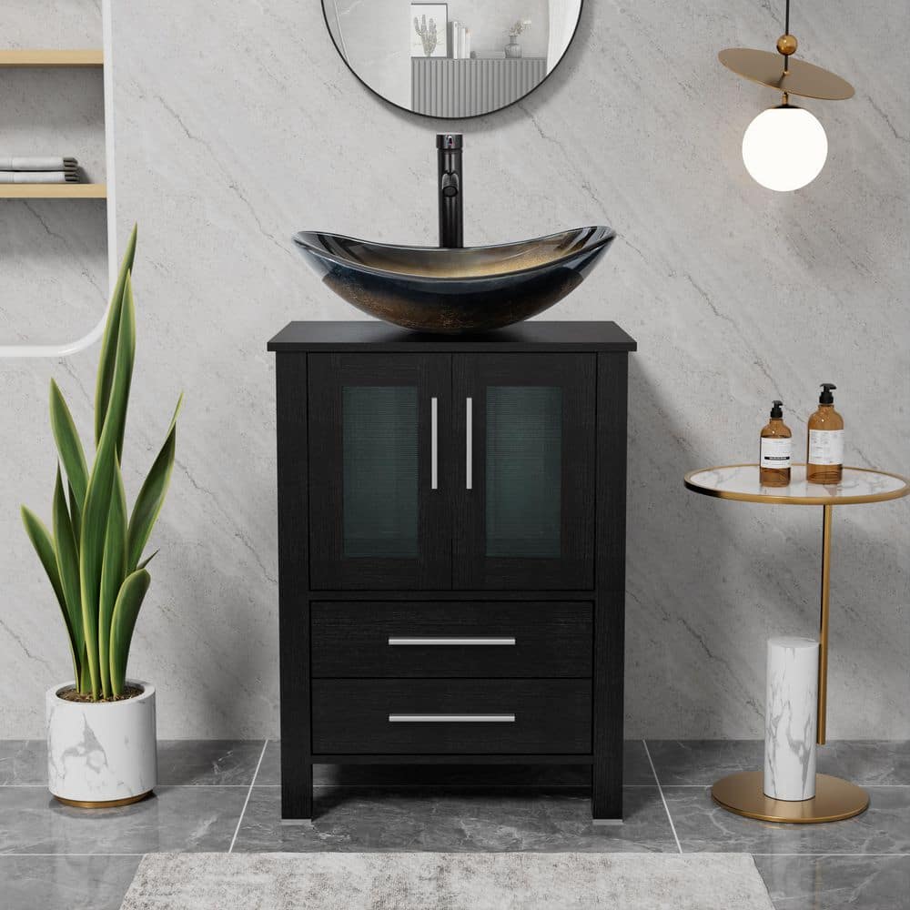 24 in. W x 20 in. D x 32 in. H Single Sink Freestanding Black Bath Vanity with Champagne Oval Glass Vessel Sink Top price history on PriceWatchPro