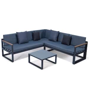 Chelsea Black 3-Piece Metal Outdoor Sectional with Blue Cushions