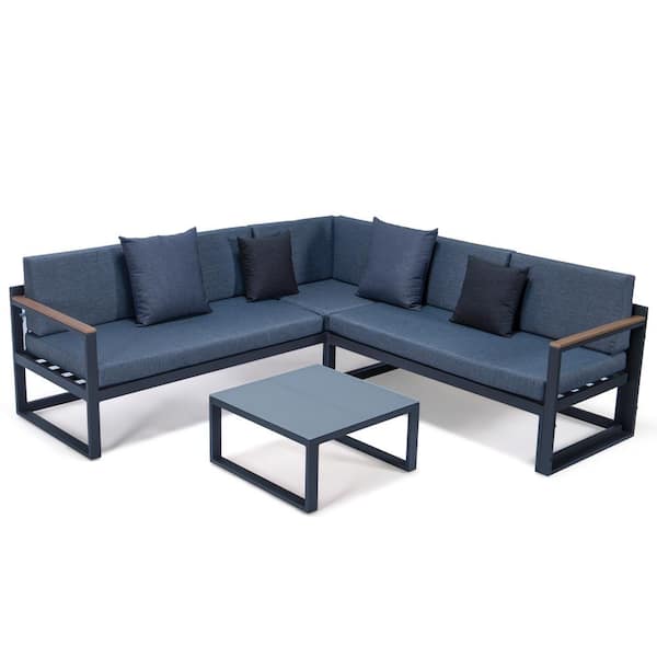 Leisuremod Chelsea Black 3-Piece Metal Outdoor Sectional with Blue Cushions