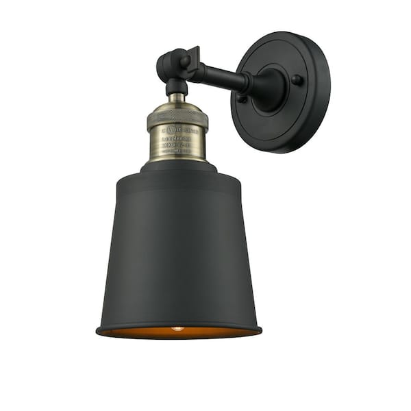 Addison 1-Light Matte Black, Black Antique Brass Wall Sconce with Black Metal Shade