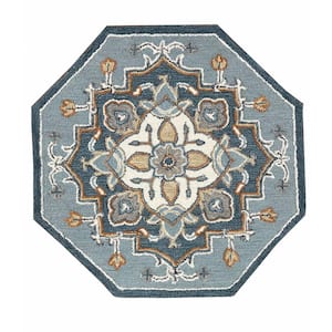 Delilah Zeno Teal Blue 4 ft. 10 in. Octagon Oriental Medallion Wool Area Rug