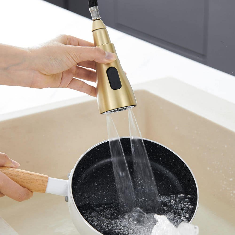 Brushed Gold Stainless Steel High Arc Kitchen Faucet with Pull-out Spray