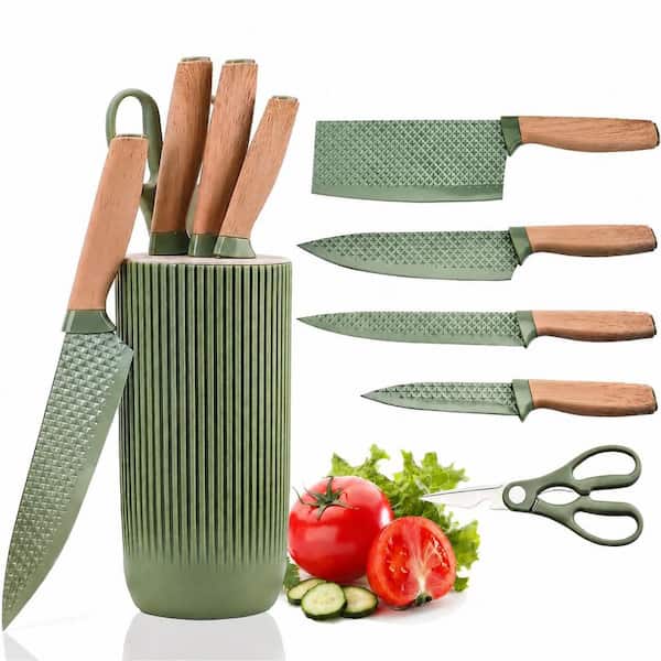 6-Piece High Carbon Stainless Steel Non-Stick Kitchen Knife Set with Ergonomic Handles and Universal Knife Block,Green