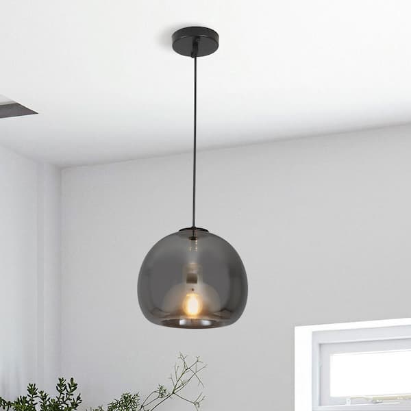 ZJVAIVE 1-Light Black Globe Adjustable Hanging Pendant Light with Smokey Grey Class Shaded for Living Room, No Bulbs Included