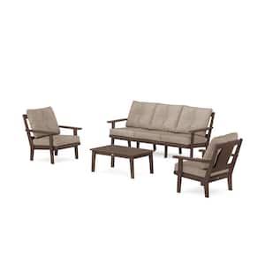 Prairie 4-Pcs Plastic Patio Conversation Set with Sofa in Mahogany/Spiced Burlap Cushions