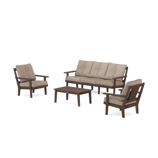POLYWOOD Prairie 4-Pcs Plastic Patio Conversation Set with Sofa in Mahogany/Spiced Burlap Cushions