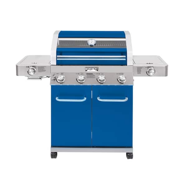 Monument Grills 4-Burner Propane Gas Grill in Blue with Clear View Lid, LED Controls, Side and Sear Burners