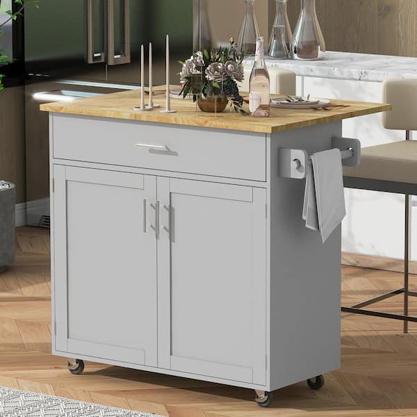 Xspracer Oasis Grey Wood 39 in. Kitchen Island with Rubber Wood Top, Spacious Drawer with Divider and Internal Storage Rack