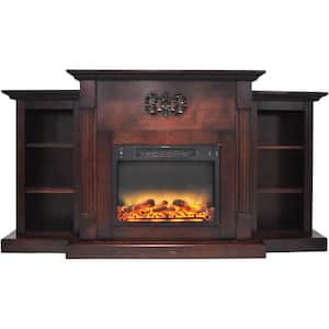 Classic 72 in. Electric Fireplace in Mahogany with Built-in Bookshelves and an Enhanced Log Display