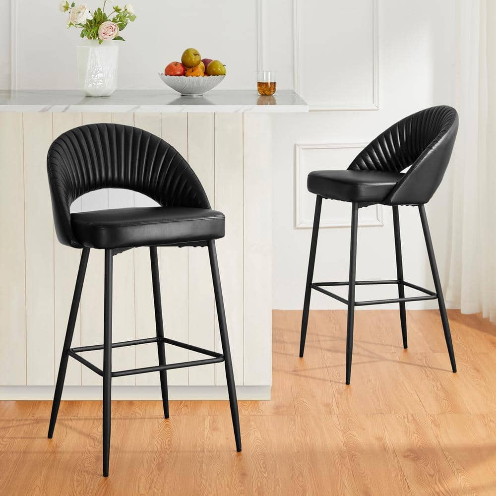 Set of 2 Modern Quilted Leatherette Bar Stools with Metal Tapered Legs Black - Glitzhome