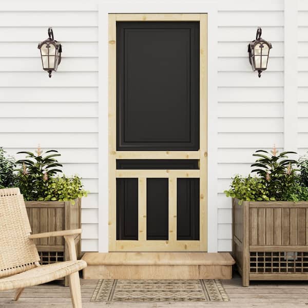 32 in. x 80 in. 3-Lite Single Universal Paneled Unfinished Pine Wood and Gauze Mesh Hinged Screen Door