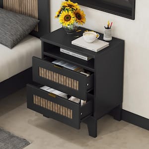 Black 2-Drawer Farmhouse Nightstand with Metal Handle