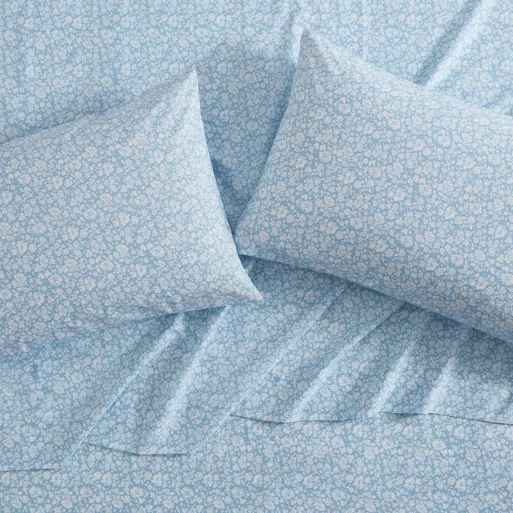 Blue Floral Cotton Percale Twin Sheet Set