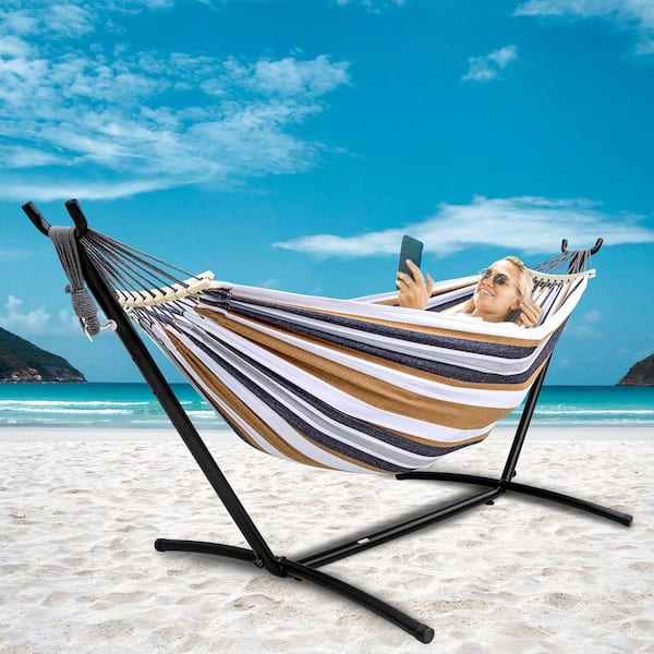 twocorn Portable Brown White Hammock Bed with Stand Set with