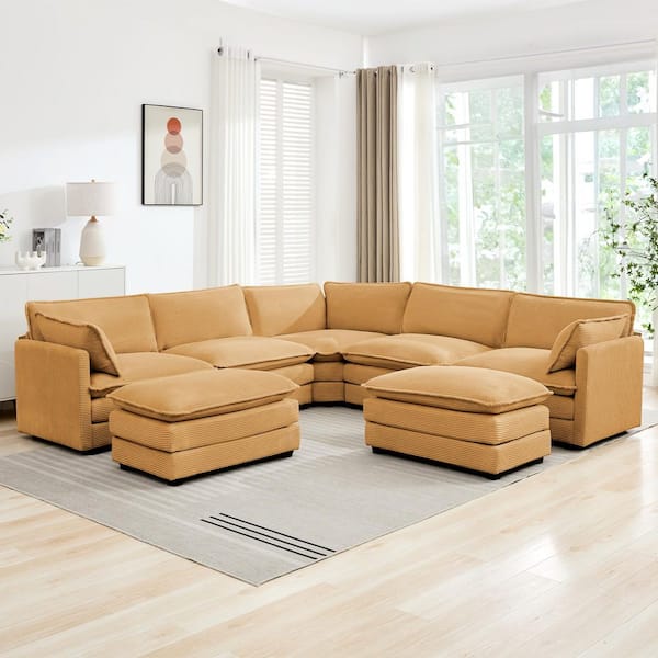 113.4 in. W 7-Piece Modern Corduroy Fabric Sectional Sofa with Ottoman in Yellow