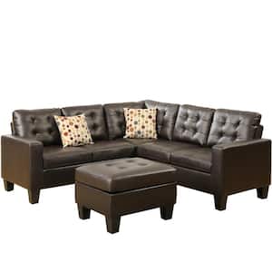 Milan 52 in. Square Arm 4-Piece Faux Leather L-Shaped Sectional Sofa in Brown with Ottoman