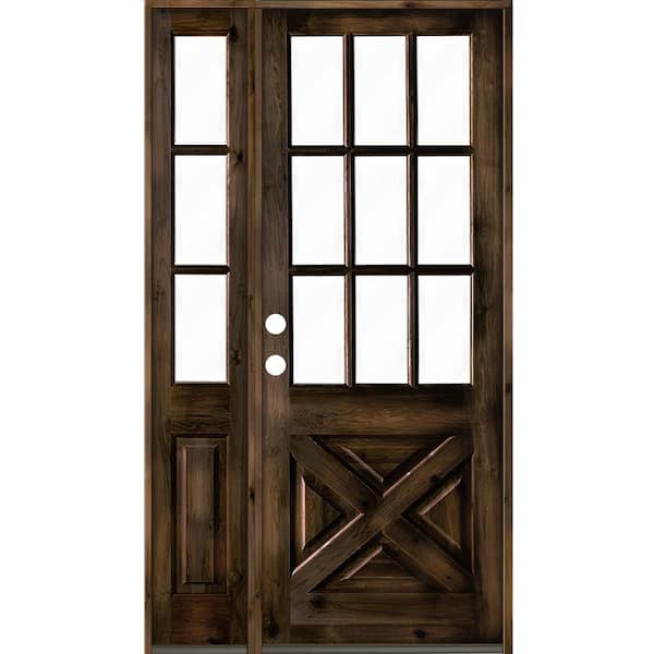 Krosswood Doors 50 in. x 96 in. Knotty Alder 2-Panel Right-Hand/Inswing Clear Glass Black Stain Wood Prehung Front Door w/Left Sidelite