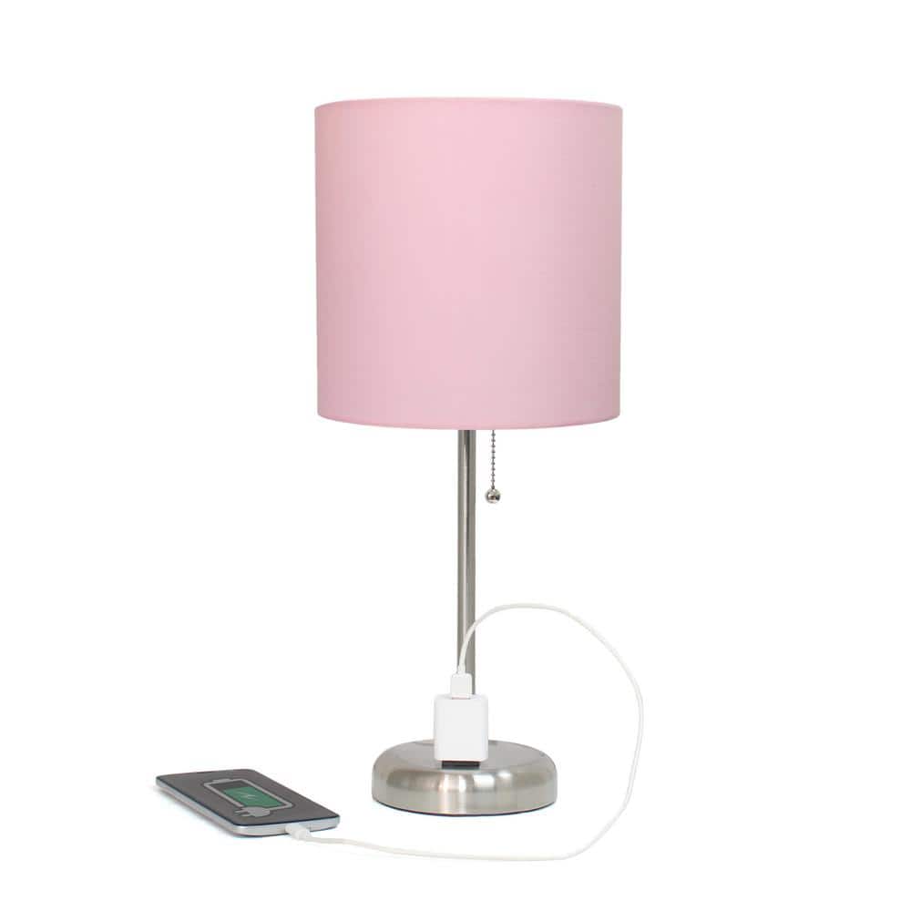 Brushed Steel and Light Pink Contemporary Table Lamp Duo with Power Outlet