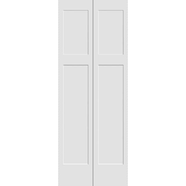 CODEL DOORS 24 in. x 80 in. Solid Wood Primed White Unfinished MDF 2-Panel Craftsman Bi-Fold Door with Hardware