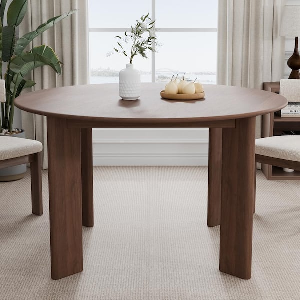 Dovelina 52 in. Natural Oak Wood Walnut Color 4 Legs Round Kitchen Table Dining Table Seats 6