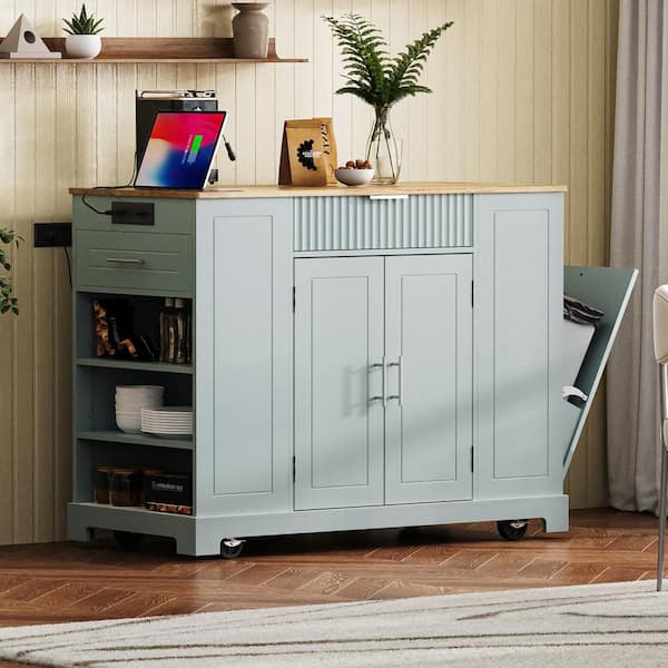 tunuo 48.5 in. Kitchen Island with Trash Can Storage Cabinet on 5 Wheels with 3 Drawer in Gray Blue