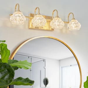 23 in. 4-Light Golden Vanity Lights Fixture with Clear Crystal Shades and No Bulbs Included