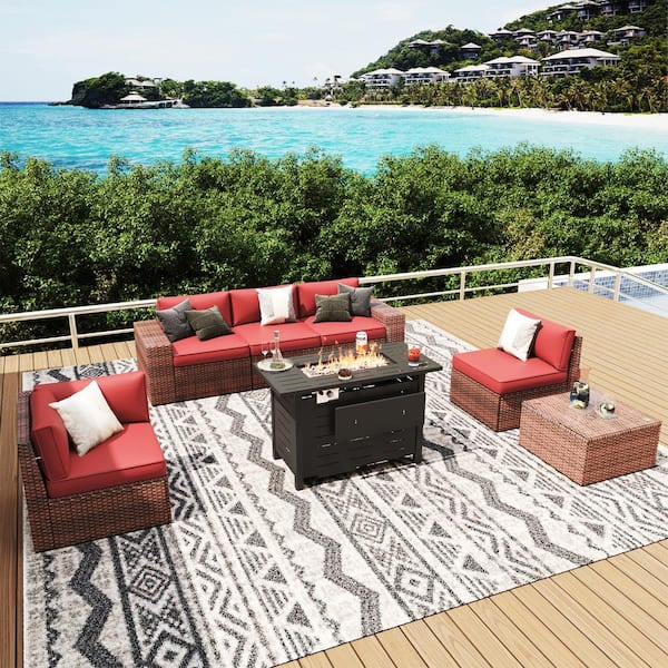 Sizzim 7-Piece Patio Wicker Sectional Set with 40 in. Metal Fire Pit Table, Red Cushions, and Set Covers