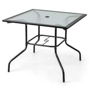 35 in. Patio Dining Table Square Outdoor Dining Table w/Tempered Glass Tabletop Black