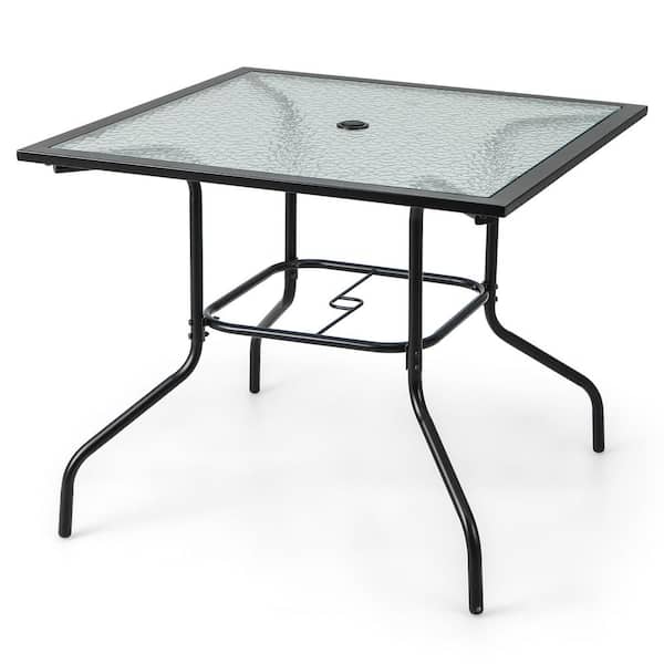 Gymax 35 in. Patio Dining Table Square Outdoor Dining Table w/Tempered Glass Tabletop Black