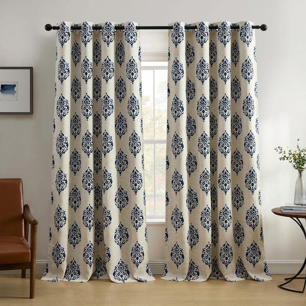 Navara Medallion Room Darkening Window Curtain, Navy - 52"W x 95"L