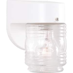 1-Light White Indoor or Outdoor Polycarbonate Wall Lantern Sconce with Honey / Jelly / Beehive Jar Clear Glass Shade