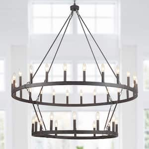 36-Light 2-Tiers Antique Black Candle Style Wagon Wheel Chandelier Round Industrial Pendant Lighting