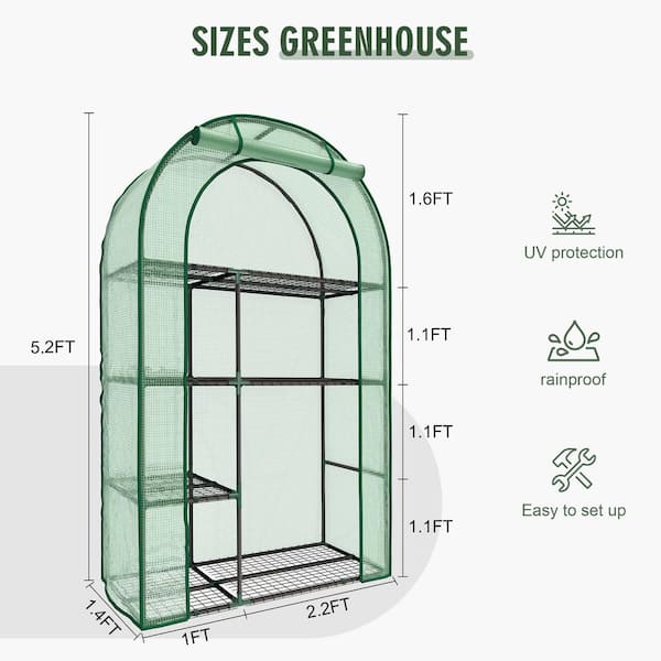 38.4 in. D x 16.8 in. W x 62.4 in. H 4-Tier Portable Greenhouse with Roll-Up Door and Durable PE Cover, Green