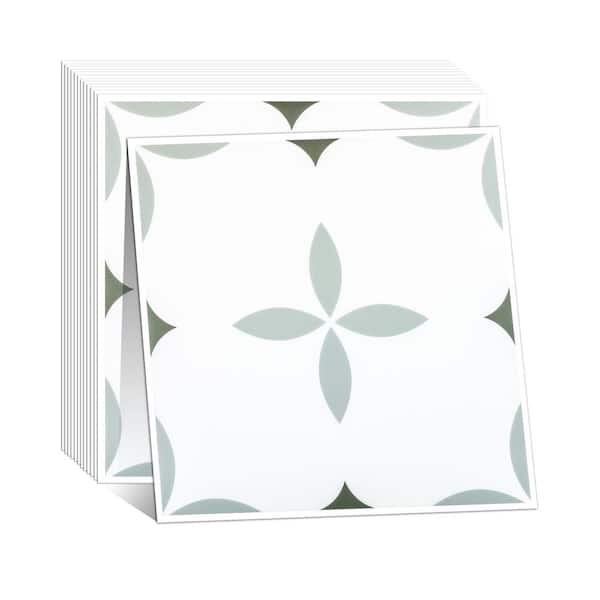 Vsmile 11.8 in. x 11.8 in. Floral PVC Peel and Stick Wall Tiles, Gray and White Wall Backsplash (10-Pack, Cover 9.6 sq. ft.)
