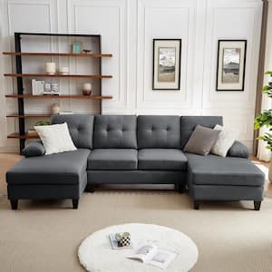 111.03 in. W Pillow Top Arms 4-Seat U Shaped Fabric Modern Sectional Sofa in Dark Grey with Double Chaise