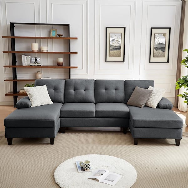 STICKON 111.03 in. W Pillow Top Arms 4-Seat U Shaped Fabric Modern Sectional Sofa in Dark Grey with Double Chaise