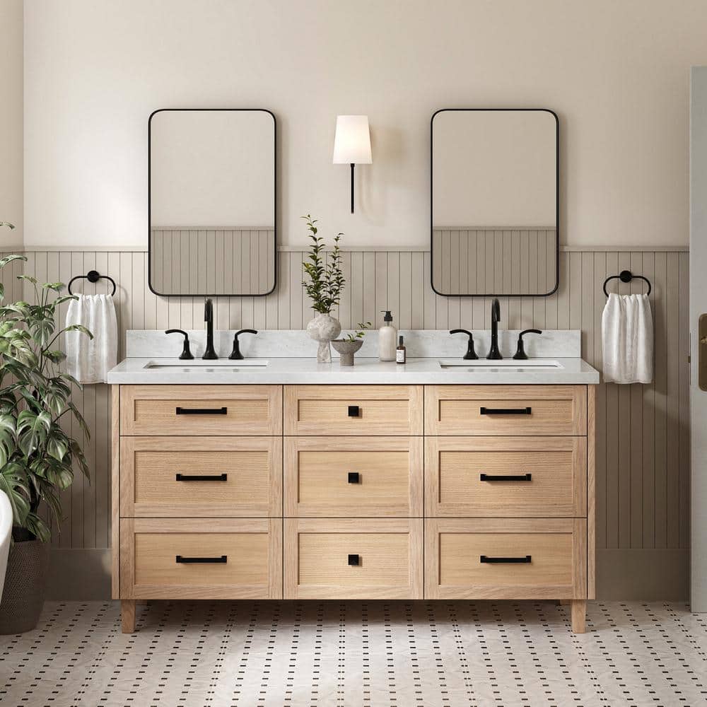 Monroe 66 in. Double Sink Freestanding Bathroom Vanity in Oak with Carrara White Marble Top price history on PriceWatchPro