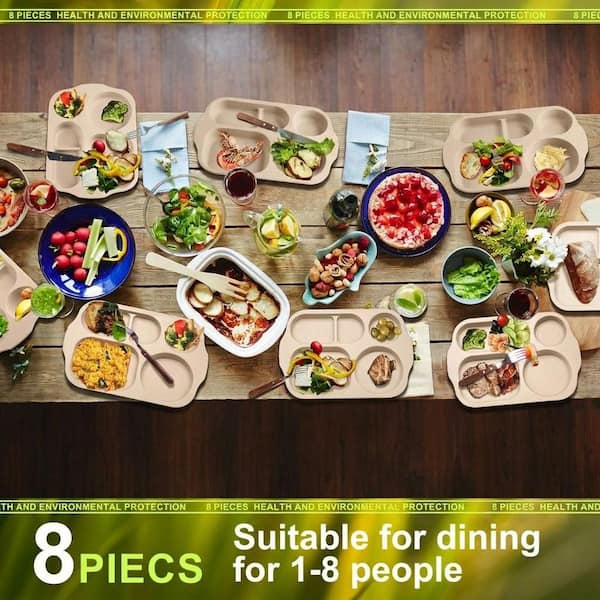 KHKFY 8-Pack 12 in. Wheat Straw Divided Plates with 5 Compartments