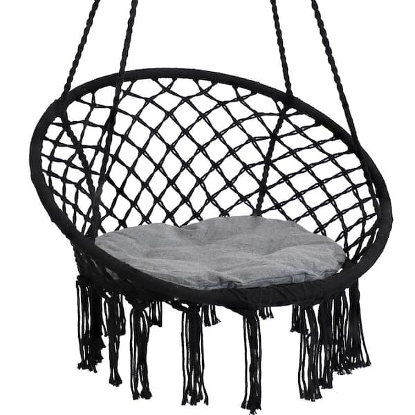 Sunnydaze 2.5 ft. Macrame Hammock Chair with Tassels and Cushion in Black
