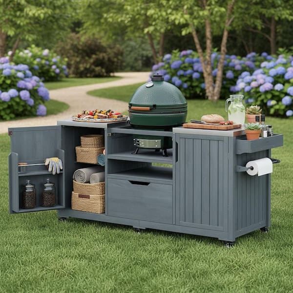 Runesay Farmhouse Gray Blue Steel 66.5 in. Outdoor Patio Internal Rack Kitchen Island Compatible 21 in. Big Grills with Drawer
