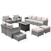 Eufaula Gray 13-Piece Wicker Modern Outdoor Patio Fire Pit Conversation Sofa Seating Set with Coarse Beige Cushions