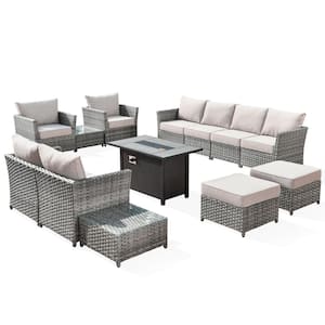 Eufaula Gray 13-Piece Wicker Modern Outdoor Patio Fire Pit Conversation Sofa Seating Set with Coarse Beige Cushions