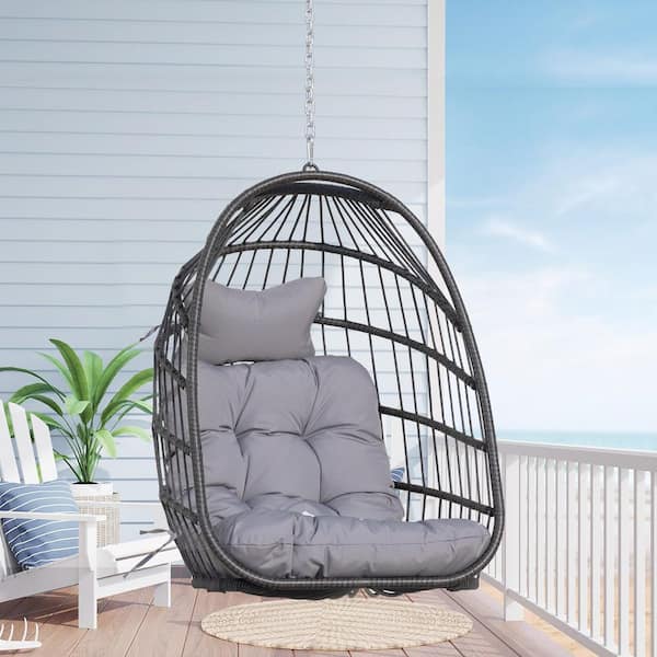 FINCATI 1-Person Gray PE Wicker Porch Swing Egg Chair with Light Gray Cushion